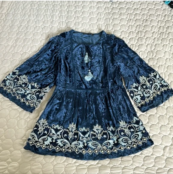 Blue Velvet Dress with Embroidered Details - Picture 1 of 8